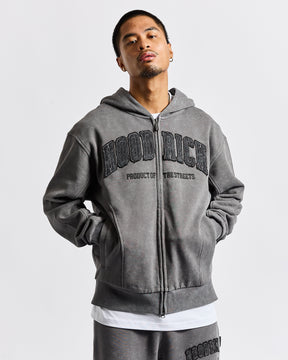 Cursed Oversized Zip Hoodie - Grey Wash/Black
