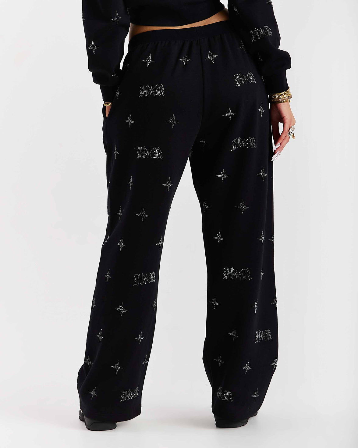 Razor Oversized Wide Leg Joggers - Black/Rhinestone