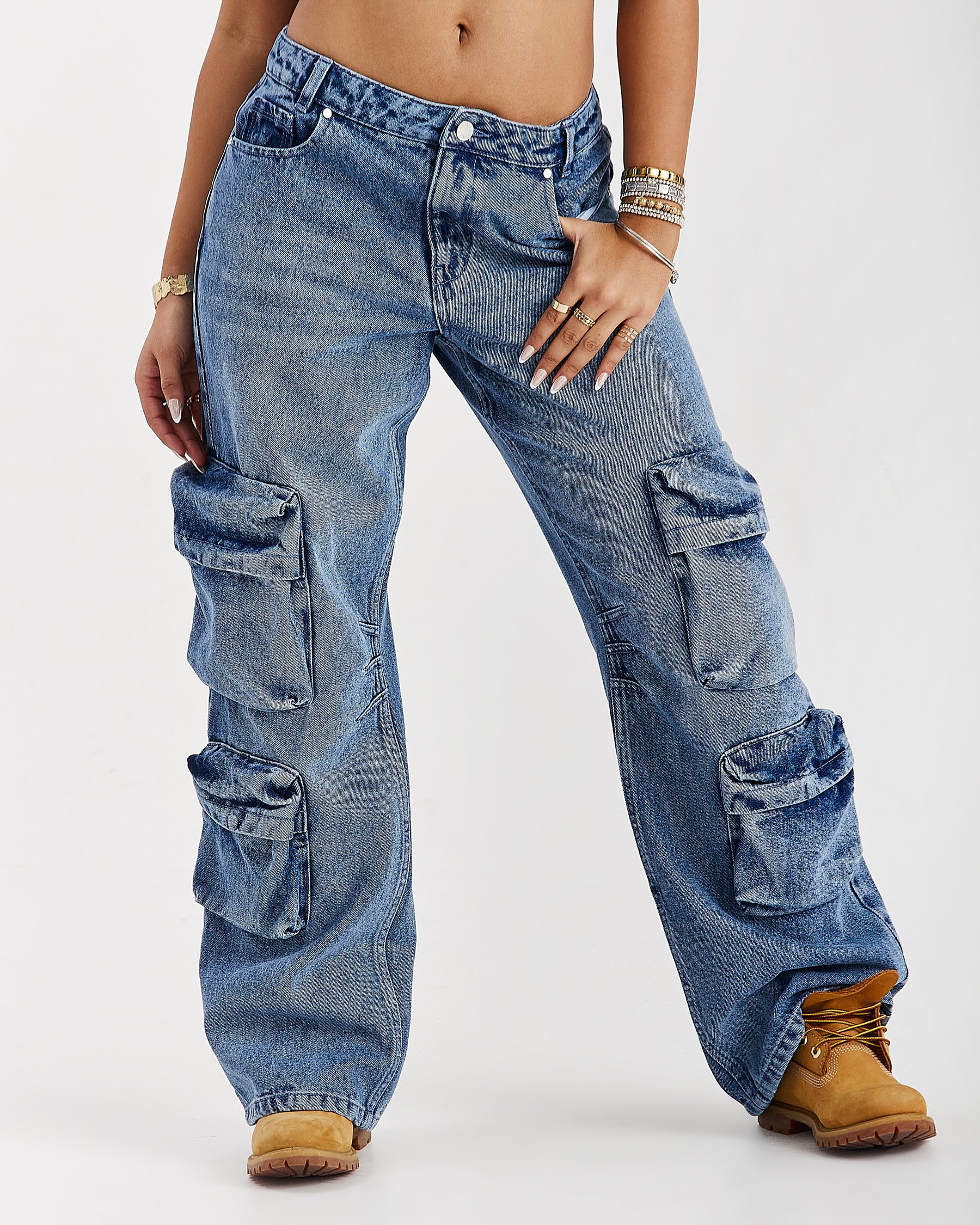 Token Wide Leg Cargo Jeans - Washed Mid Blue