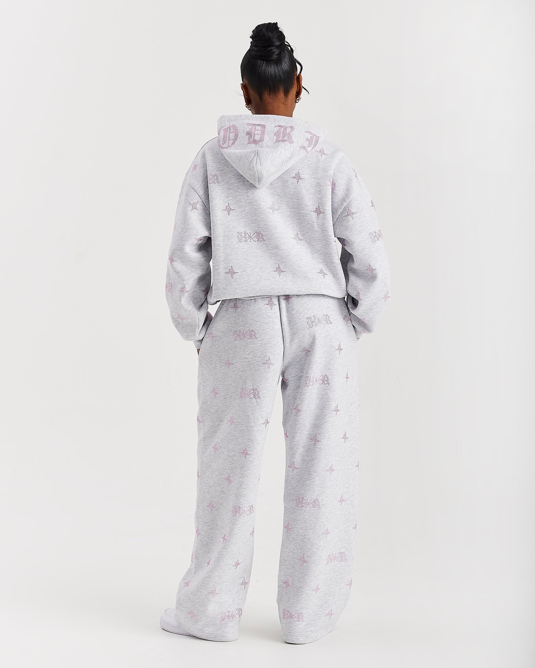 Razor Oversized Wide Leg Joggers - Light Grey/Rhinestone