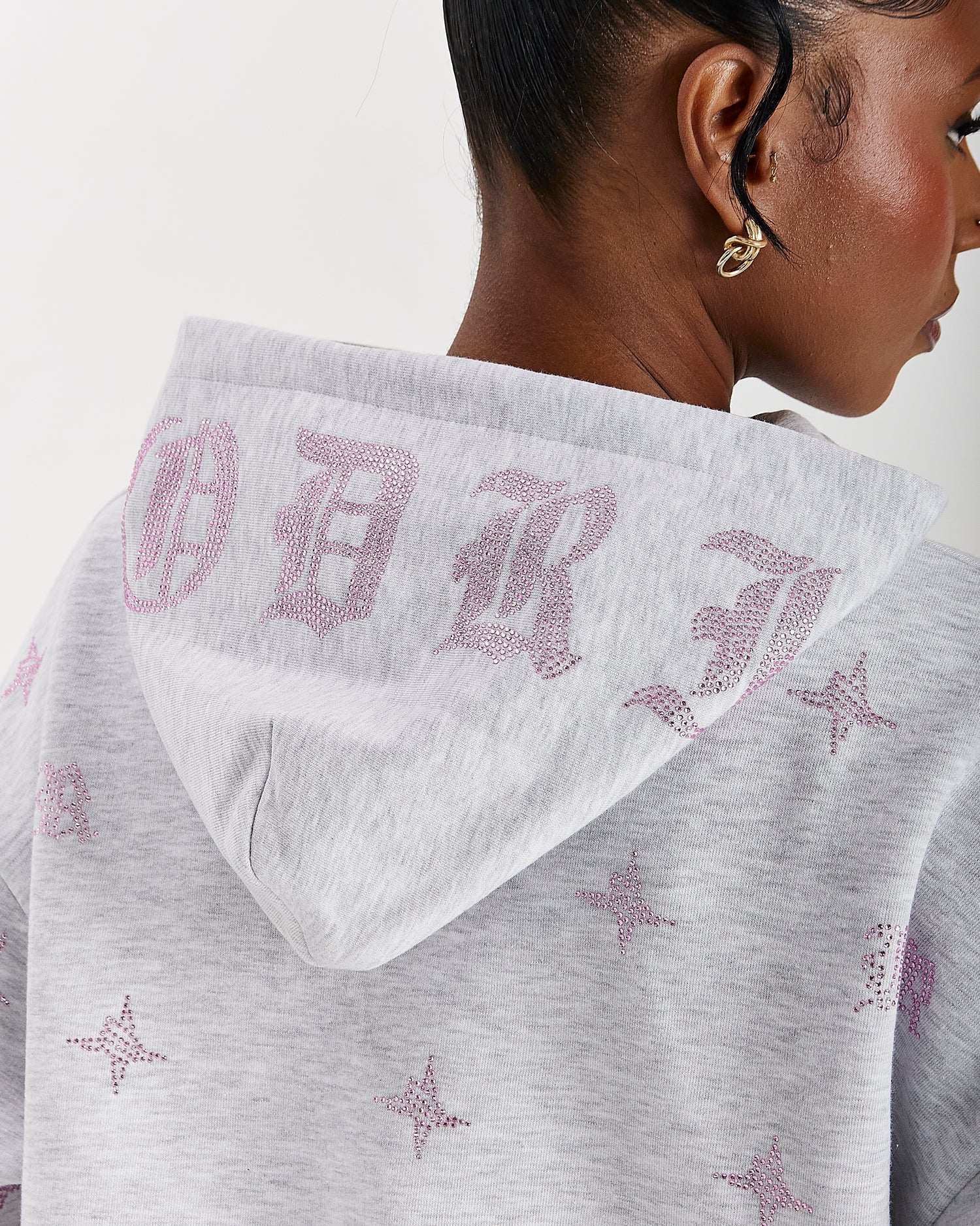 Razor Mid Length Hoodie - Light Grey/Rhinestone