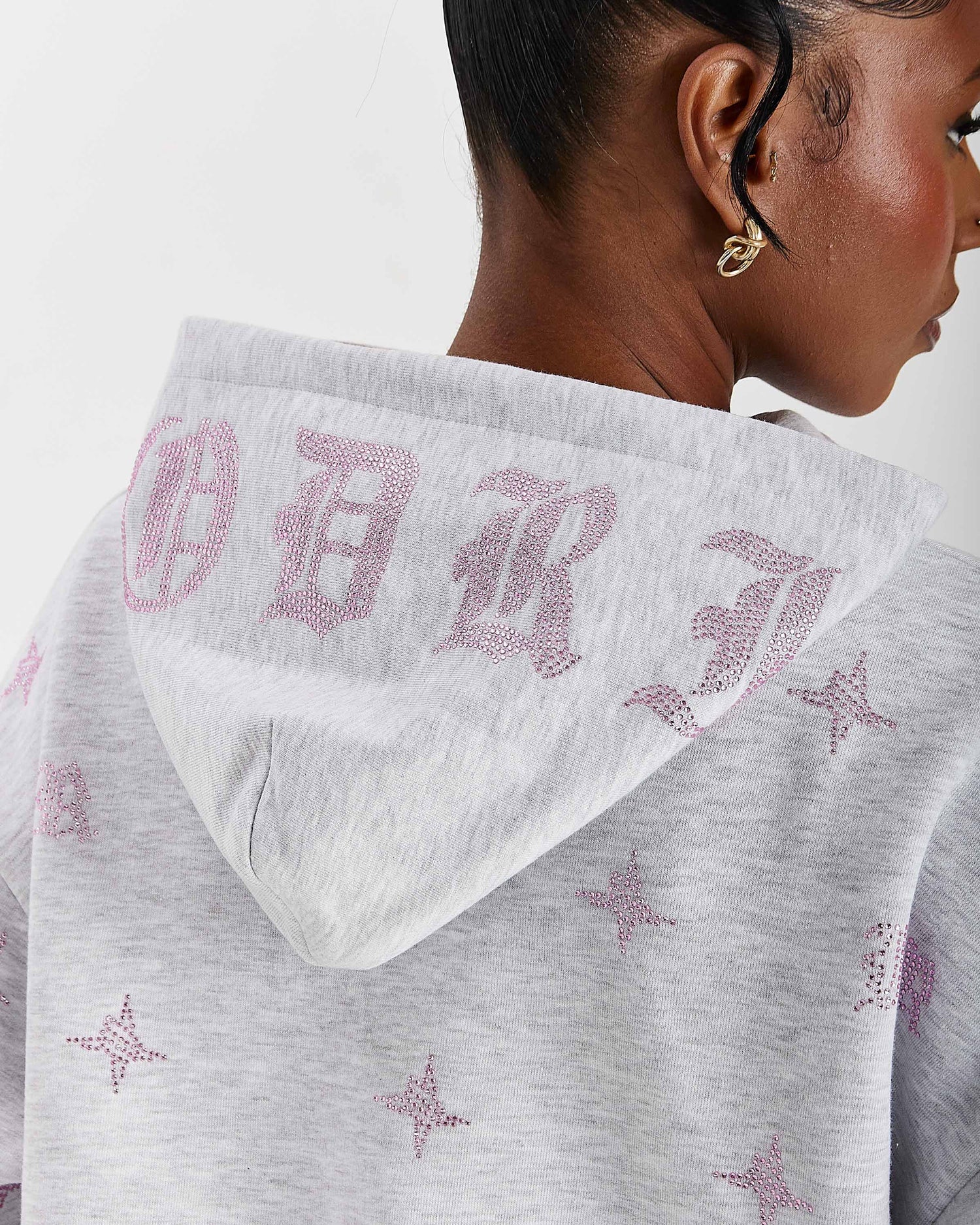 Razor Mid Length Hoodie - Light Grey/Rhinestone