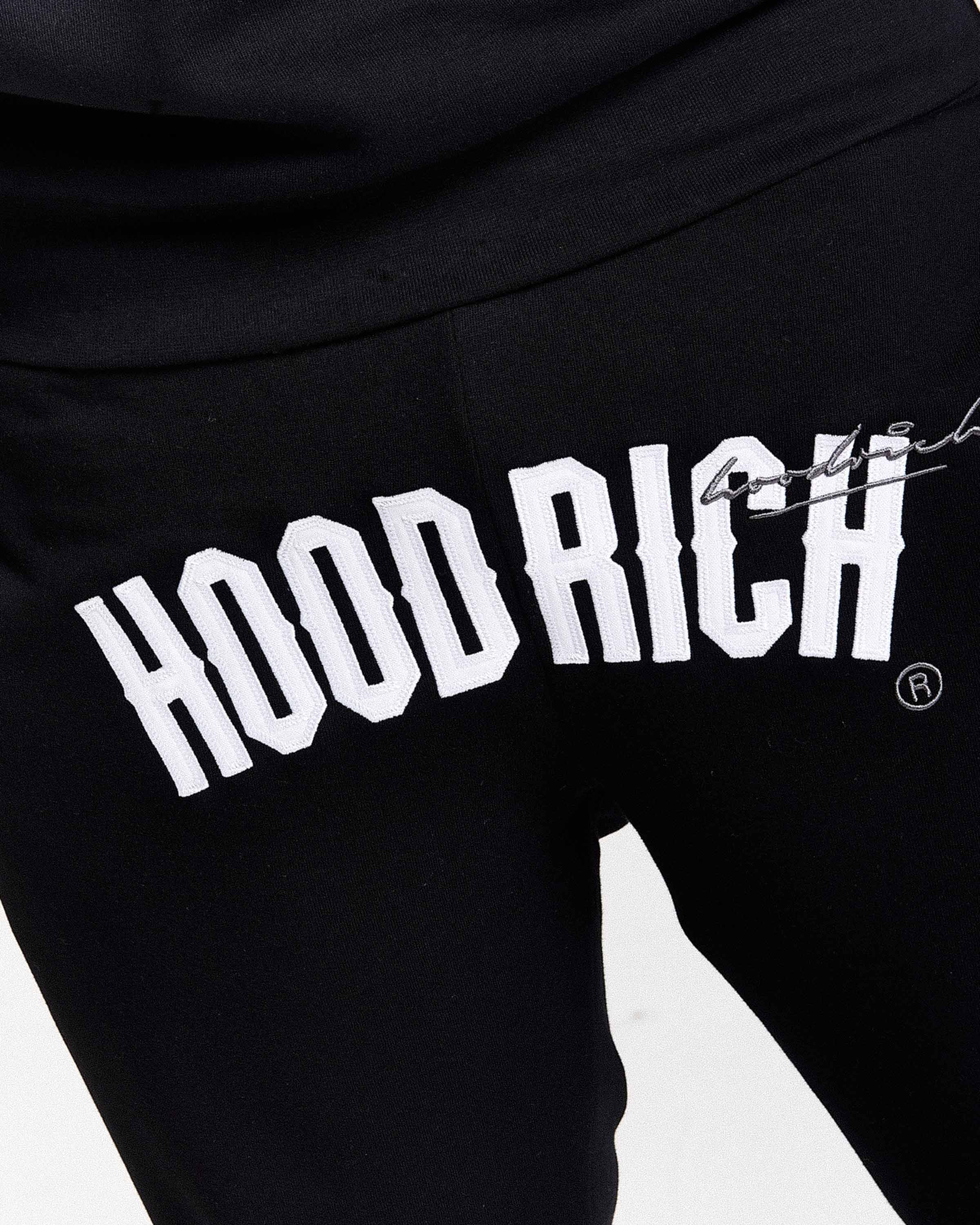 Black hoodie with 'HOODRICH' logo on a white background