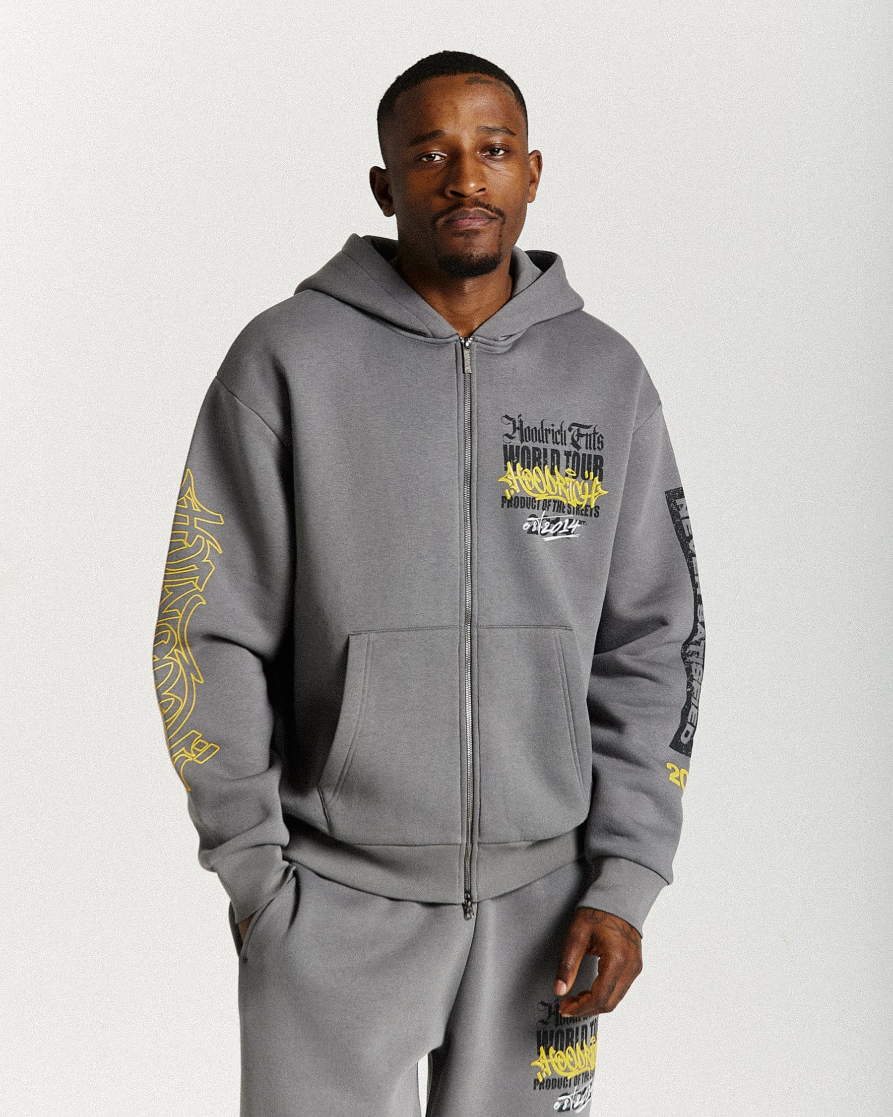 Stamp Tour Oversized Zip Hoodie - Grey/Black/Yellow