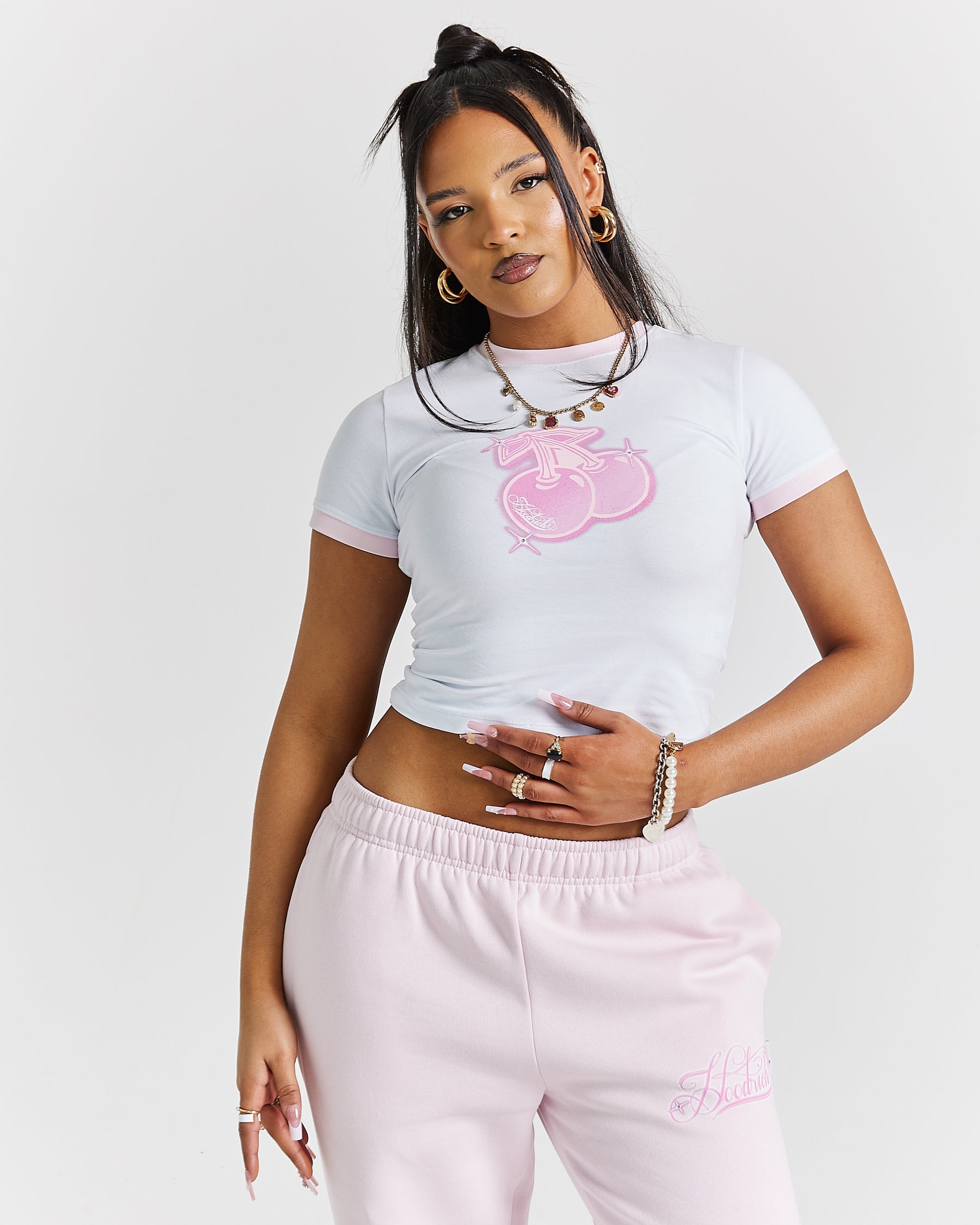 Finesse Fitted Tee - White/Pink/Rhinestone