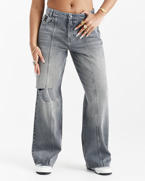 Distressed Gothic Wide Leg Jeans - Grey Wash