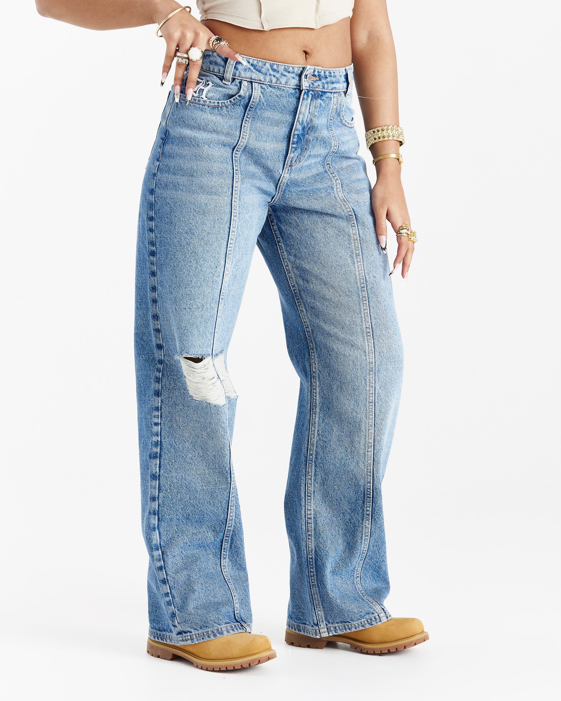 Distressed Gothic Wide Leg Jeans - Blue Wash