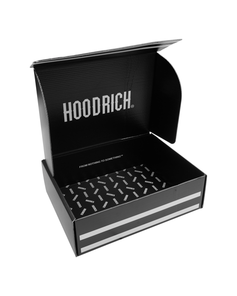 A black Hoodrich gift box with branding on the side, opened to show the interior.